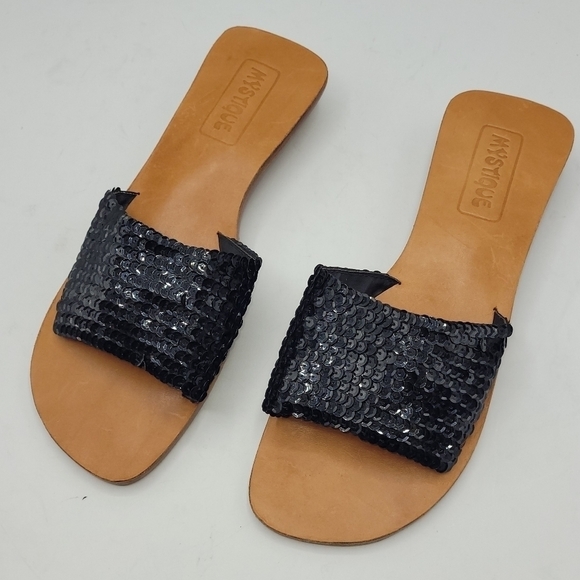Mystique Black Sequined Leather Slides Sandals Block Heels Size 9 - Picture 2 of 16